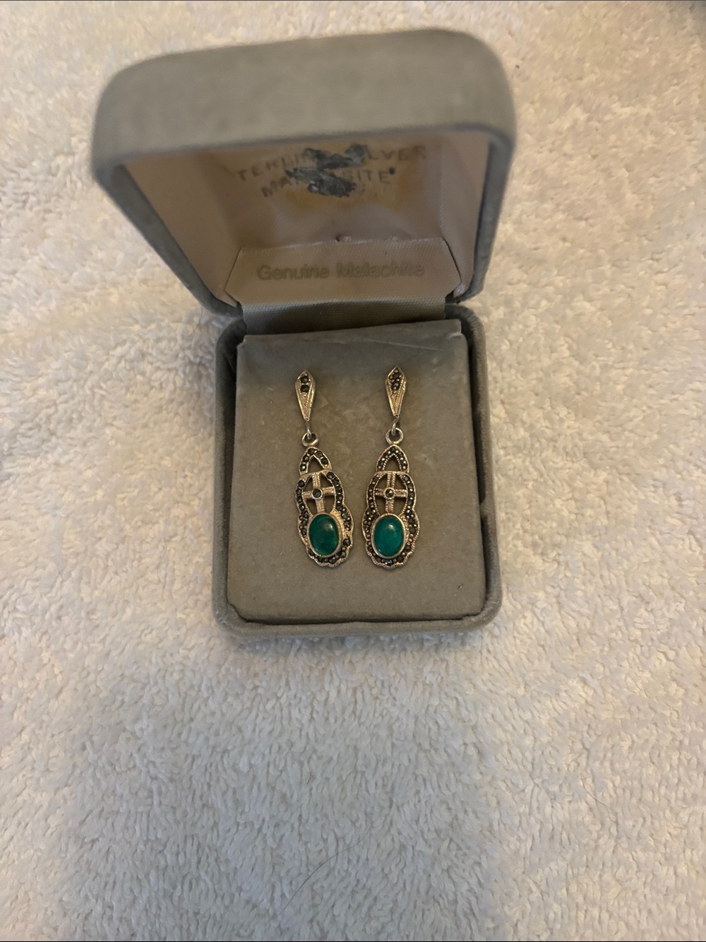 Vintage Sterling Silver&Marcasite Earrings with green stone